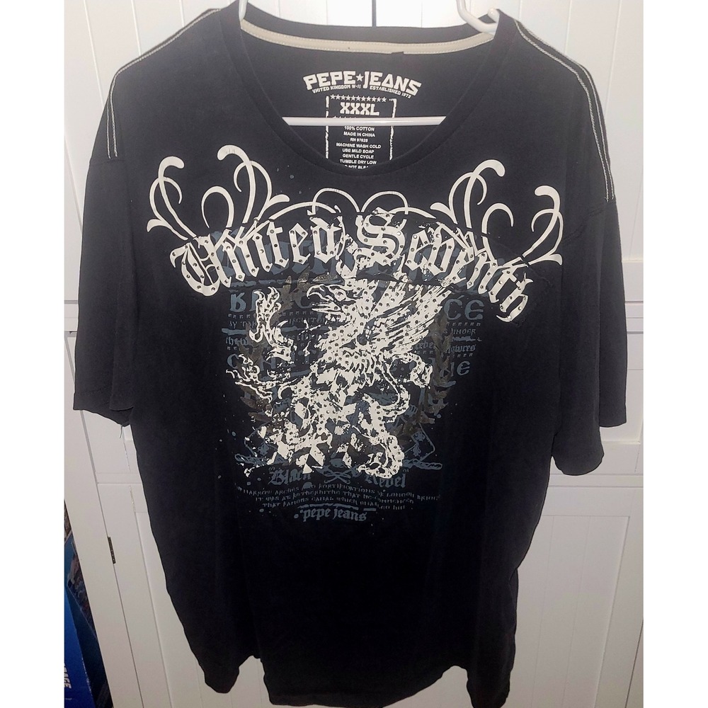 Pepe Jeans London Mens XXXL Black Graphic T-Shirt Rhinestone Griffin Y2K Gothic